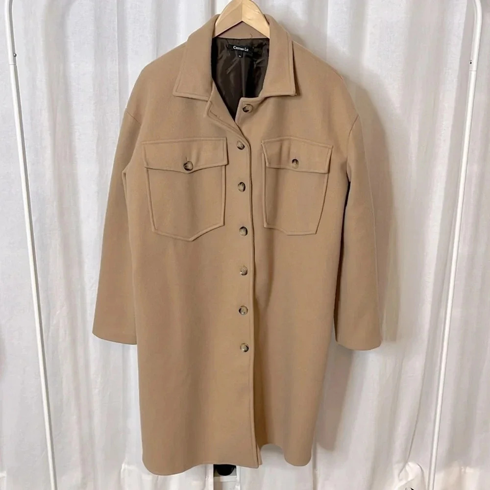 Cristina Lei Made In Italy Oversized Longline Shacket Shirt Jacket Camel, Size M